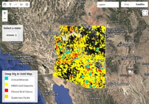 Deep-Dig AI Gold Map of Arizona showing gold deposits, BLM claims, critical minerals, and terrain analysis for advanced prospecting.