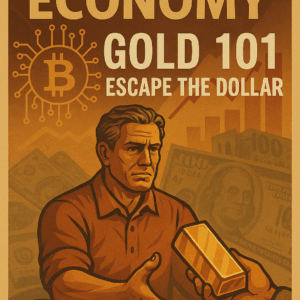 Man receives gold bar in vintage poster titled “Gold 101: Escape the Dollar,” representing the shift to the Parallel Economy.