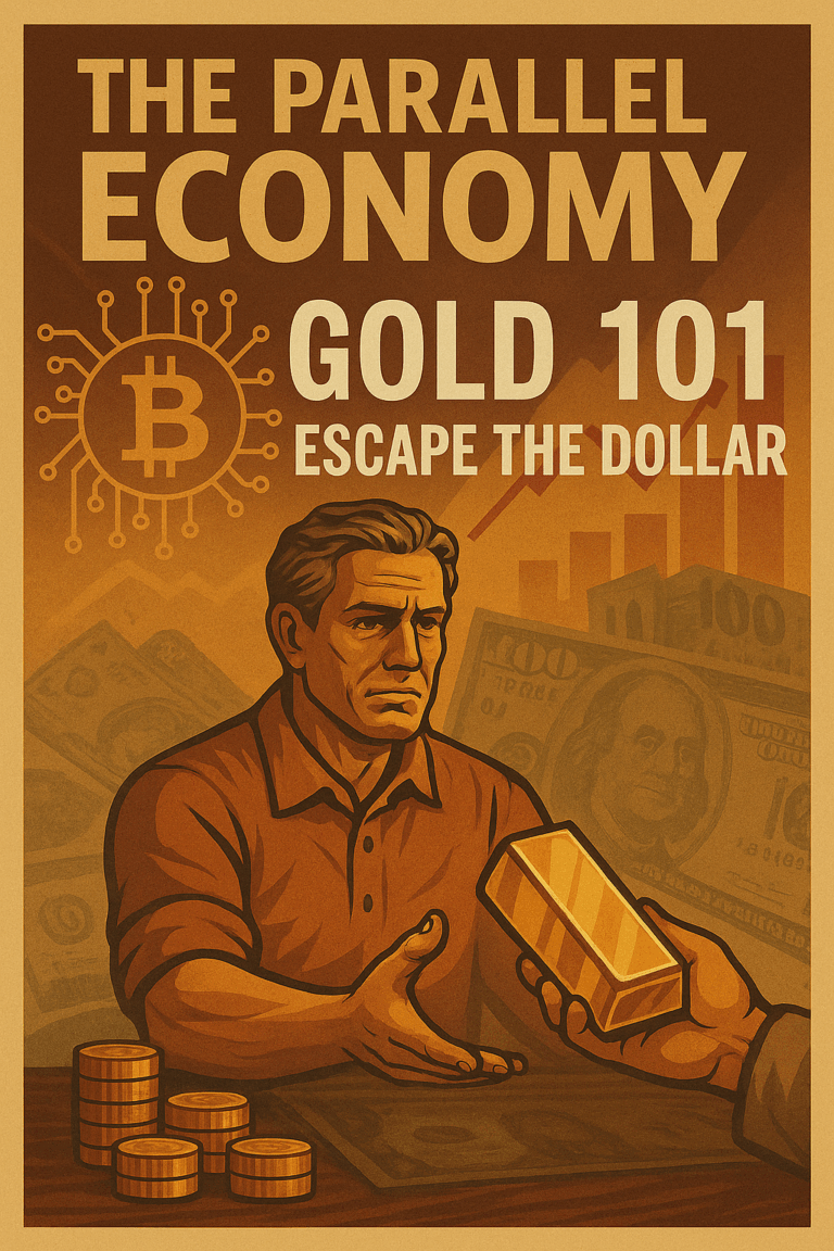 Man receives gold bar in vintage poster titled “Gold 101: Escape the Dollar,” representing the shift to the Parallel Economy.