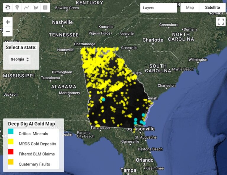 Georgia Deep Dig AI Gold Map Thumbnail showing gold zones, mineral deposits, and terrain features for prospecting