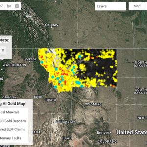 Montana Deep Dig AI Gold Map displaying predicted deep-layer gold deposits with geological and depth data overlays