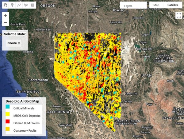 Nevada Deep Dig AI Gold Map with details that include gold deposits, critical minerals, filtered claim data, and multiple terrain views. Find where gold is with the information contained within our AI Gold Maps of Nevada.
