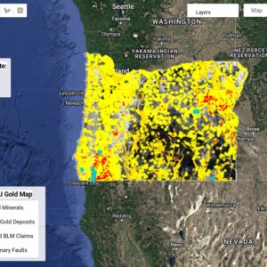 Deep Dig Oregon AI Gold Map with filtered Gold and Critical Mineral data, Historical Gold Deposit Markers, Integrated with BLM Filtered Claim Markers as well. All Layers Point the User to Gold.