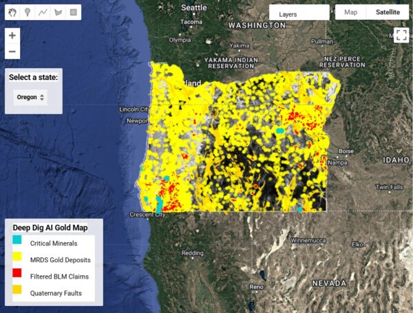 Deep Dig Oregon AI Gold Map with filtered Gold and Critical Mineral data, Historical Gold Deposit Markers, Integrated with BLM Filtered Claim Markers as well. All Layers Point the User to Gold.