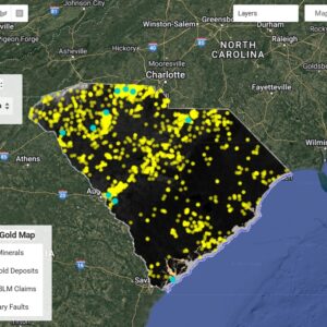 Deep Dig AI gold map of South Carolina showing mineralized zones and gold deposit locations.