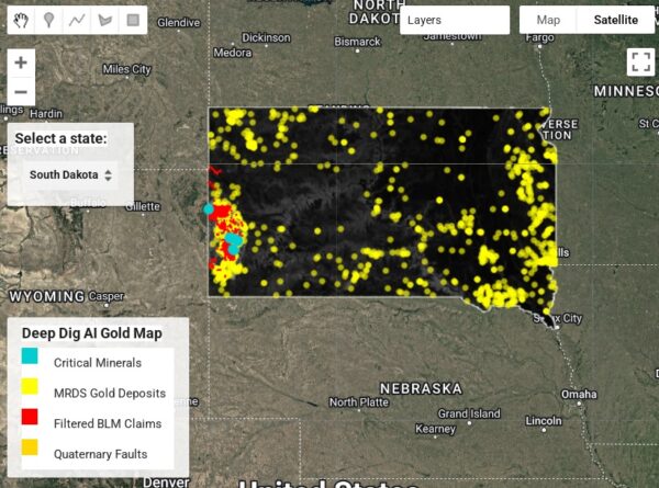 Deep Dig AI Gold Map South Dakota Gives Prospectors the Edge Before They Leave Home to Prospect for Profitable Gold Deposits. The Prospector AI Gold Map is Perfect for Those Who Want to Dive In But Not In Over Their Head,