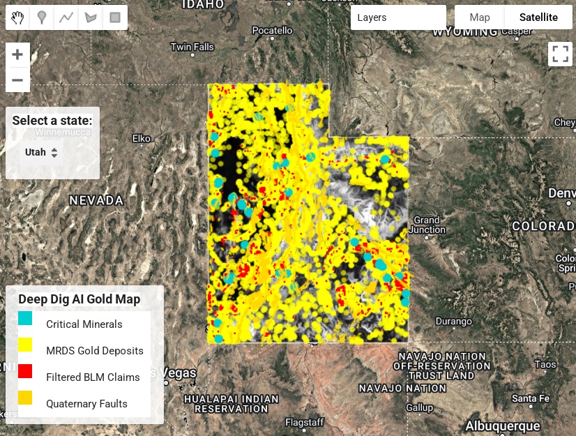 Deep Dig AI Gold Map of Utah. Utilize 13, Unique Map Layers to Find where Gold is Most Likely to Be Before You Leave Home to Go Prospecting for the First Time.