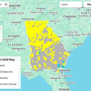 Prospector Map showing AI-analyzed gold locations, terrain layers, and claim boundaries for effective gold hunting