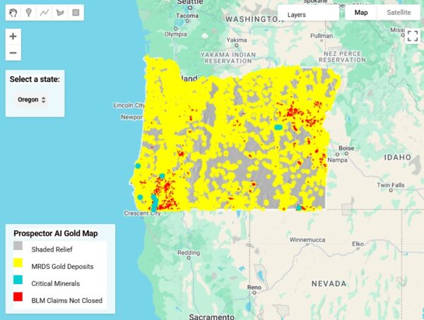 Prospector Oregon AI Gold Map with filtered Gold and Critical Mineral data, Historical Gold Deposit Markers, Integrated with BLM Filtered Claim Markers as well. All Layers Point the User to Gold.