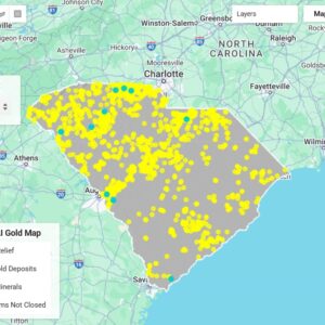 Prospector AI gold map of South Carolina showing mineralized zones and gold deposit locations.
