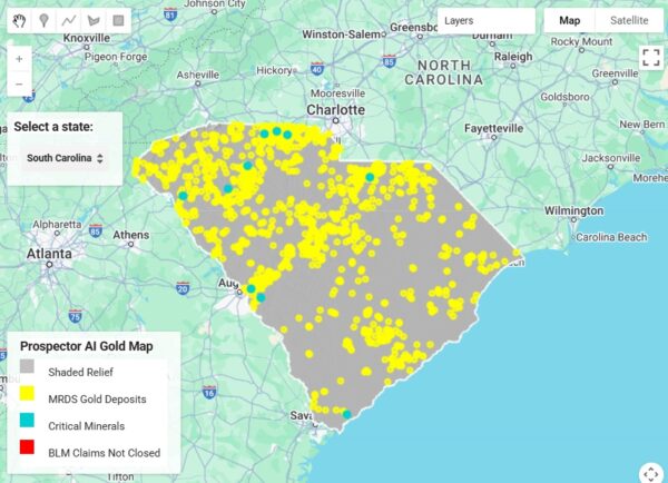 Prospector AI gold map of South Carolina showing mineralized zones and gold deposit locations.