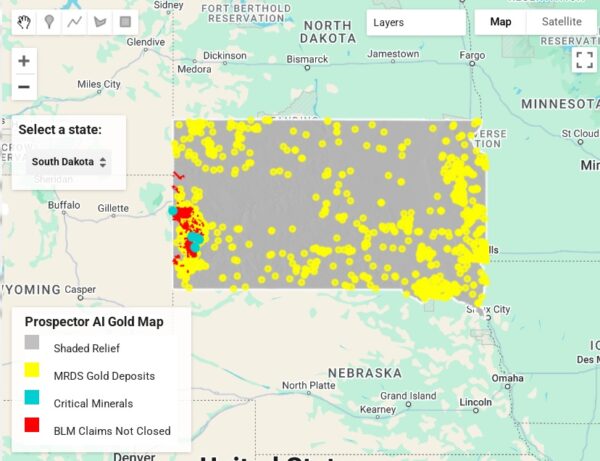 Prospector AI Gold Map South Dakota Gives Prospectors the Edge Before They Leave Home to Prospect for Profitable Gold Deposits. The Prospector AI Gold Map is Perfect for Those Who Want to Dive In But Not In Over Their Head,