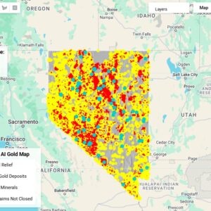 Nevada Prospector AI Gold Map with details that include gold deposits, critical minerals, filtered claim data, and multiple terrain views. Find where gold is with the information contained within our AI Gold Map of Nevada.