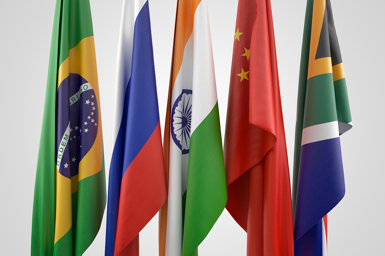 BRICS Flags at the Center of the Rio Reset Flags of BRICS nations—Brazil, Russia, India, China, and South Africa—standing together, symbolizing unity at the BRICS Nations Summit 2025