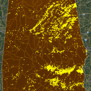Alabama V2 Deep Dig AI Gold Map showing gold-probability zones, HydroATLAS basins, structural fault lines, and AI-interpreted mineral indicators for prospecting.