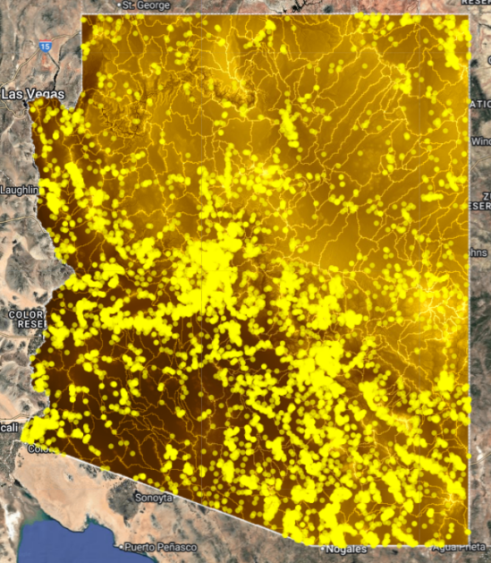 Arizona Deep Dig V2 AI Gold Map showing AI-predicted gold probability zones, mineral indicators, basins, and fault structures for modern gold prospecting.