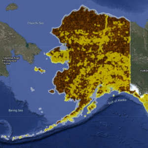 Alaska Deep Dig V2 AI Gold Map showing AI-generated gold probability zones, river systems, faults, and mineralization patterns across Alaska