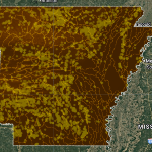 V2 Deep Dig AI Gold Map of Arkansas showing AI-derived gold probability zones, Ouachita Mountain structural trends, fault systems, drainage networks, and placer-forming river corridors.