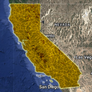 California Deep Dig V2 AI Gold Map showing AI-interpreted gold probability zones, fault systems, historic mining districts, and modern placer and lode gold potential across California.