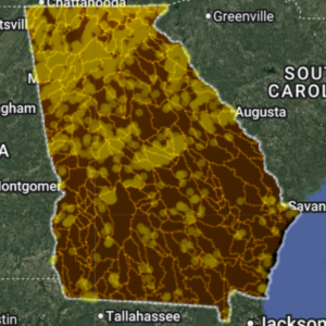 Georgia Deep Dig V2 AI Gold Map showing AI-interpreted gold probability zones, fault systems, historic mining districts, and placer-lode gold potential statewide.