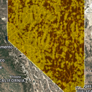Nevada Deep Dig V2 AI Gold Map showing AI-interpreted gold probability zones, major fault systems, historic mining districts, and Carlin-type gold trends statewide.