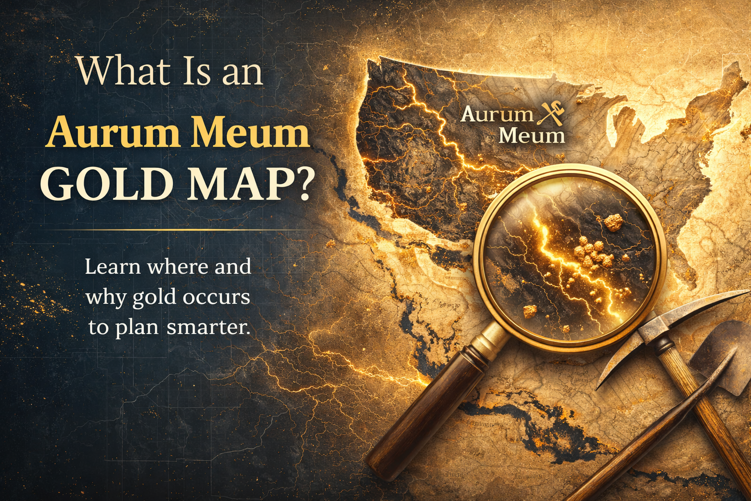Illustration showing how an Aurum Meum Gold Map visualizes gold occurrence using geology, structure, and terrain patterns
