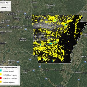 Deep Dig AI Gold Map of Arkansas showing geological, structural, and terrain-based gold analysis