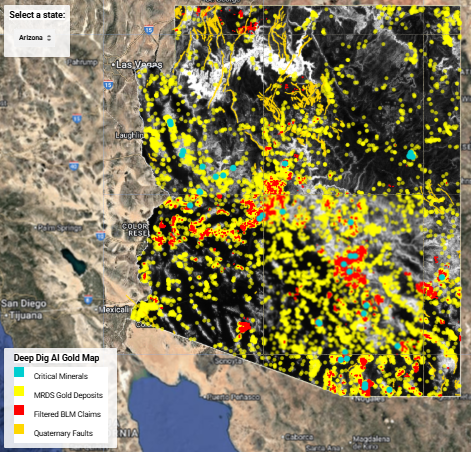 Deep Dig V1 AI gold map showing geology, fault structures, drainage, and historic mining data for gold targeting