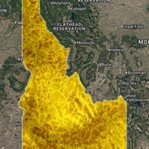 Idaho Deep Dig V2 AI Gold Map showing AI raster gold probability zones, major fault systems, historic mining districts, and statewide prospecting targets.