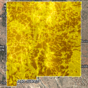 AI-generated gold-pattern raster overlay of Arizona, showing bright yellow structural linework on a satellite map background.