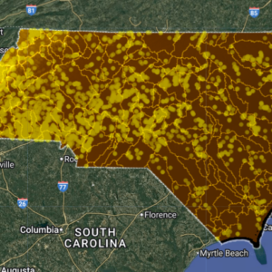 North Carolina Deep Dig V2 AI Gold Map showing AI raster gold probability zones, historic gold districts, structural geology, and watershed-controlled placer systems.
