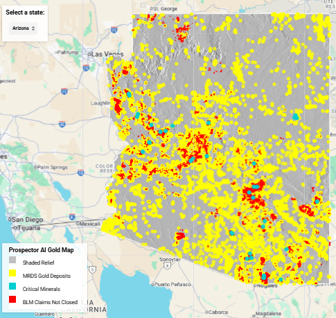 Prospector AI Gold Map Arizona showing beginner-friendly geology and drainage targeting