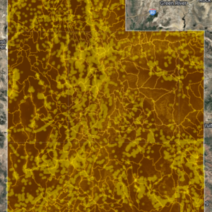 Utah Deep Dig V2 AI Gold Map showing AI raster interpretation of gold probability zones based on geology, structure, and hydrology.