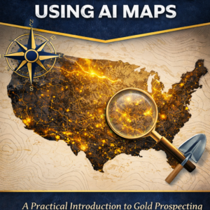 Map of the United States showing gold prospecting locations with AI data, magnifying glass, and geological mapping tools for finding gold near you